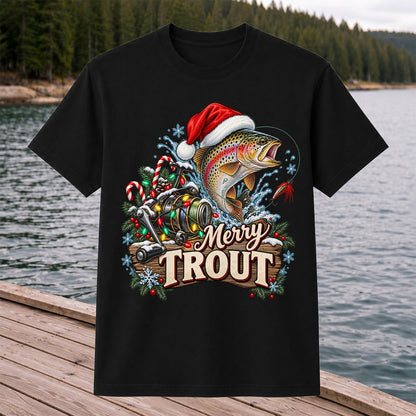 Merry Trout Christmas Rainbow Trout and Fishing Reel T-Shirt