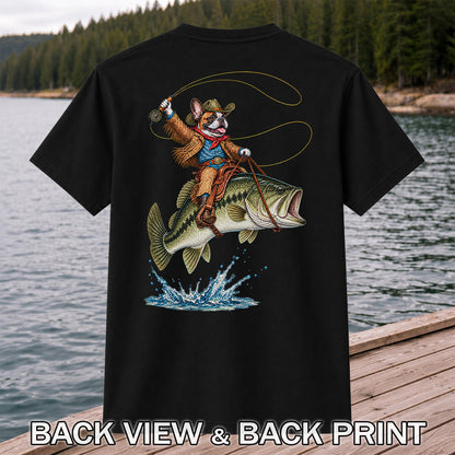 French Bulldog Cowboy Riding a Bass Fishing Graphic T-Shirt | Back Print