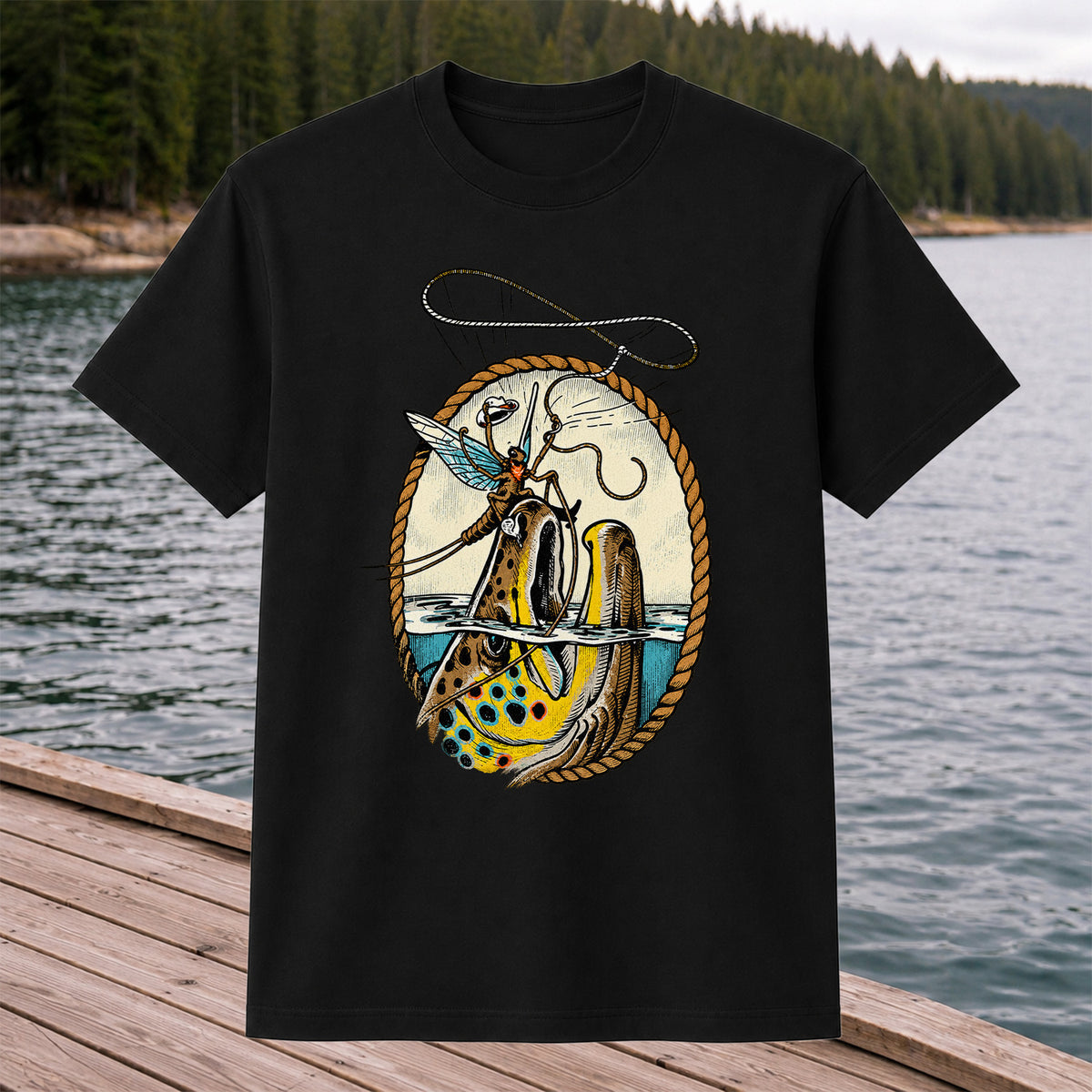 Brown Trout and Winged Fly Angler Vintage Fishing Graphic T-Shirt