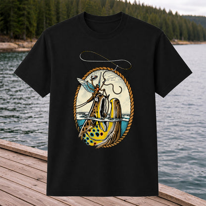 Brown Trout and Winged Fly Angler Vintage Fishing Graphic T-Shirt
