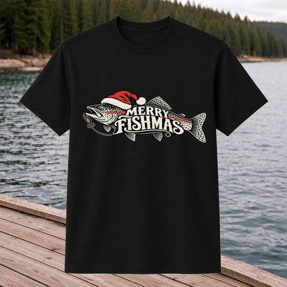 Merry Fishmas Rainbow Trout with Red Santa Hat and Lure Fishing T-Shirt