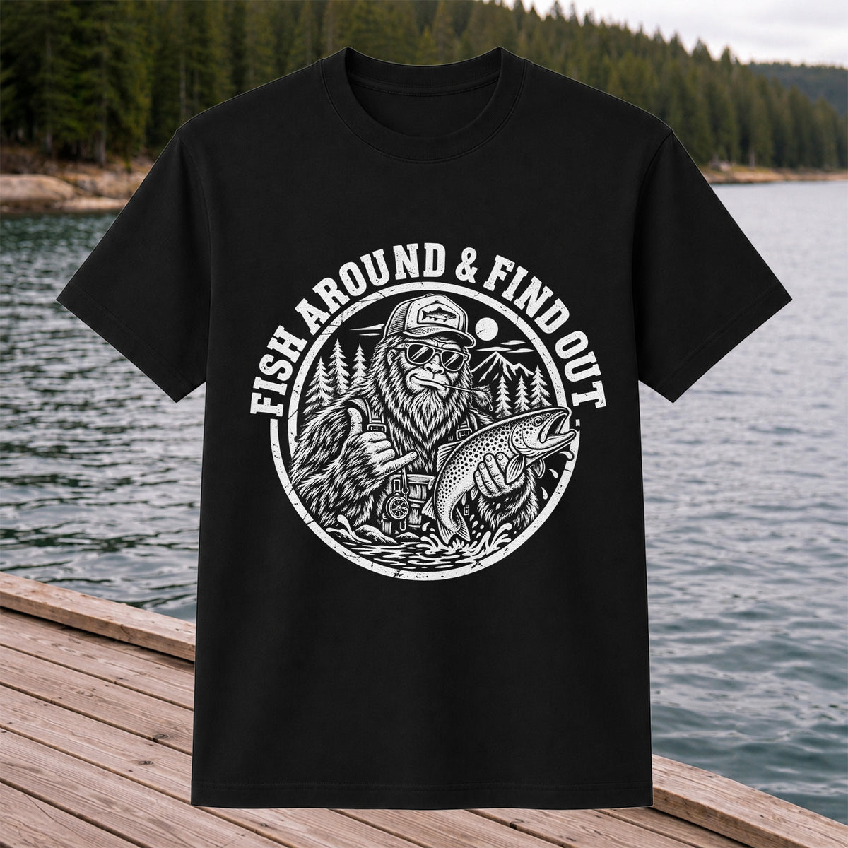 Fish Around & Find Out Bigfoot Trout Fishing Graphic T-Shirt