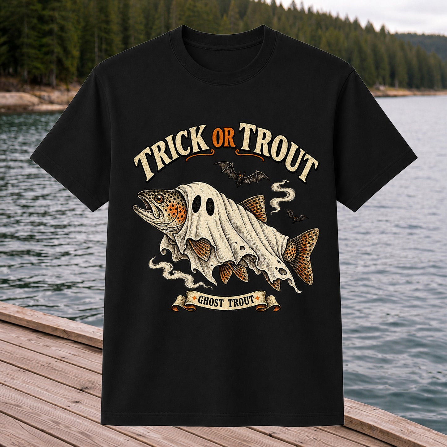 Trick or Trout Ghost Trout Halloween Fishing T-Shirt