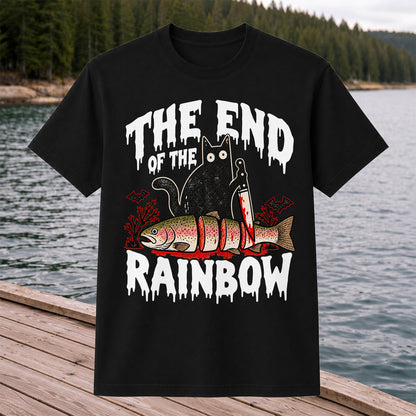 The End of the Rainbow Black Cat and Rainbow Trout Halloween Fishing T-Shirt