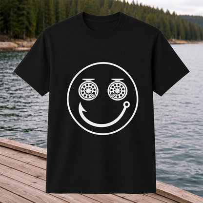 Fishing Reel Eyes Smiley Face Minimalist Graphic T-Shirt