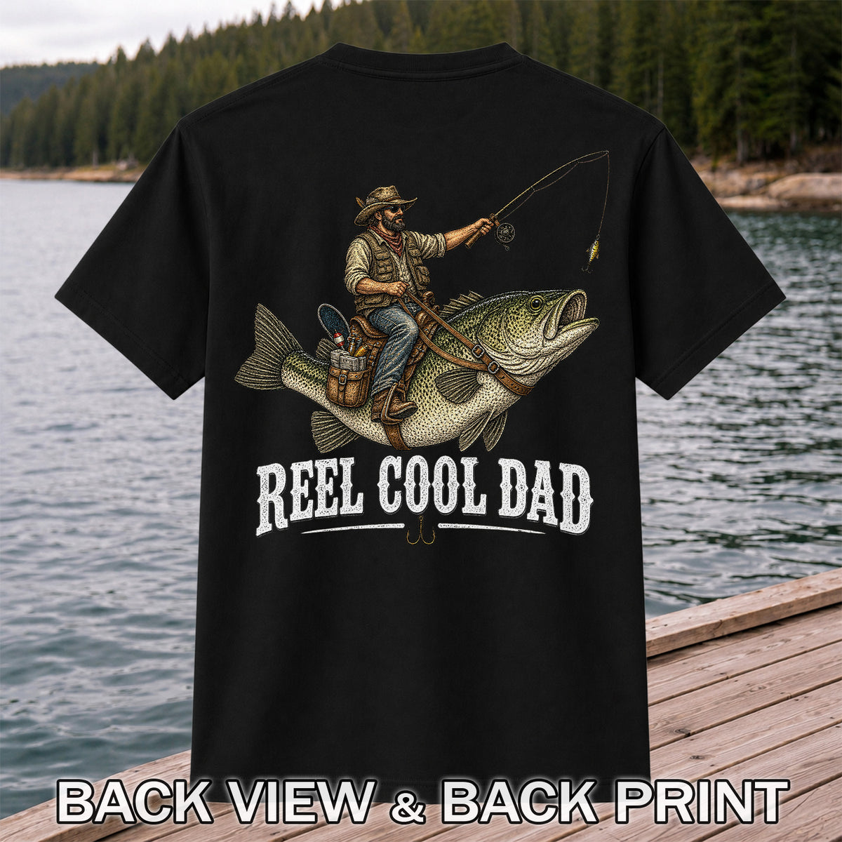 Reel Cool Dad Cowboy Riding a Bass Fishing Graphic T-Shirt | Back Print