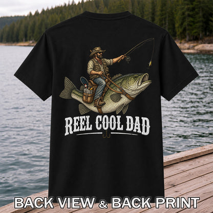 Reel Cool Dad Cowboy Riding a Bass Fishing Graphic T-Shirt | Back Print