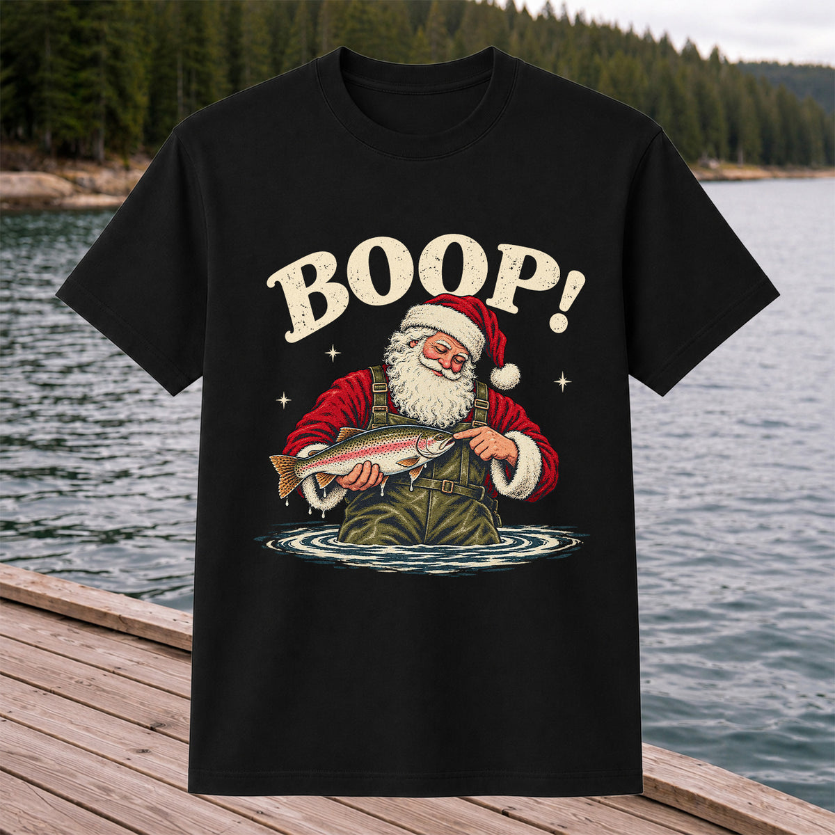 Boop Santa Holding Trout Funny Christmas Fishing T-Shirt