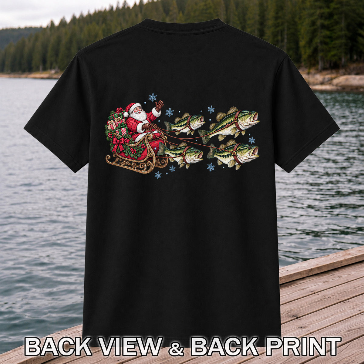 Santa in a Sleigh Pulled by Bass Christmas Fishing Graphic T-Shirt | Back Print