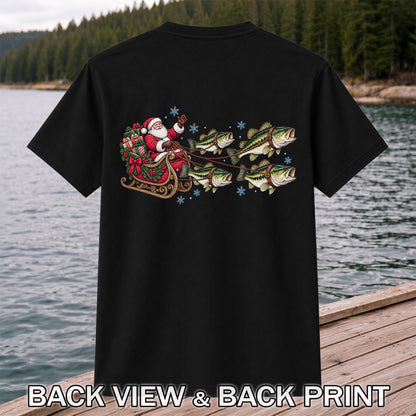 Santa in a Sleigh Pulled by Bass Christmas Fishing Graphic T-Shirt | Back Print