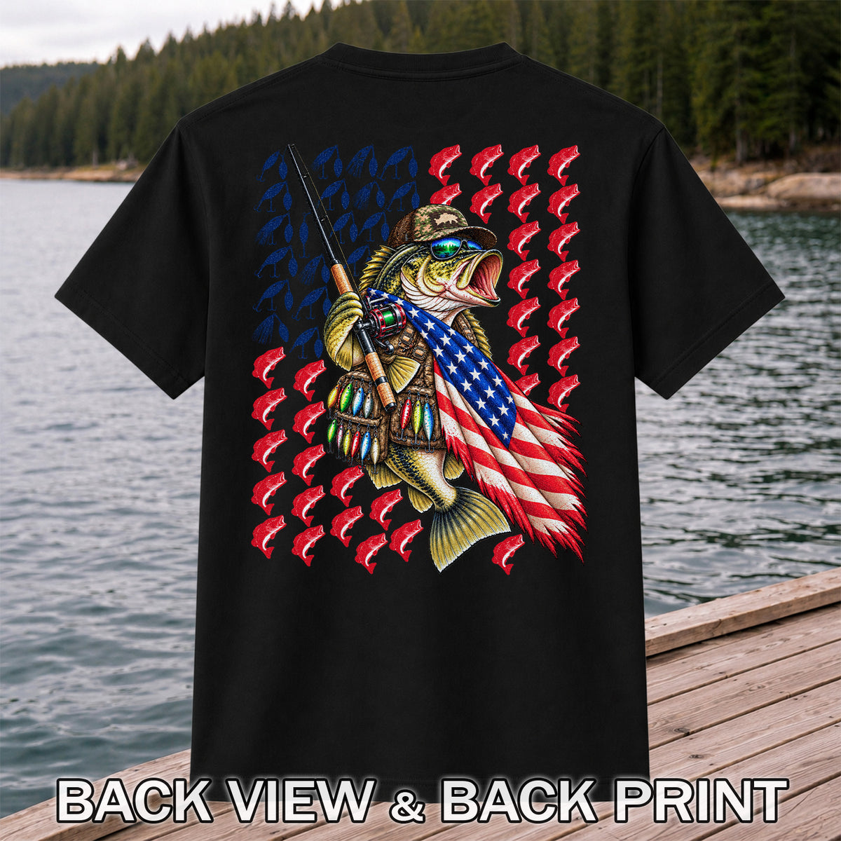 Patriotic Bass Fishing Graphic T-Shirt with American Flag Design | Back Print