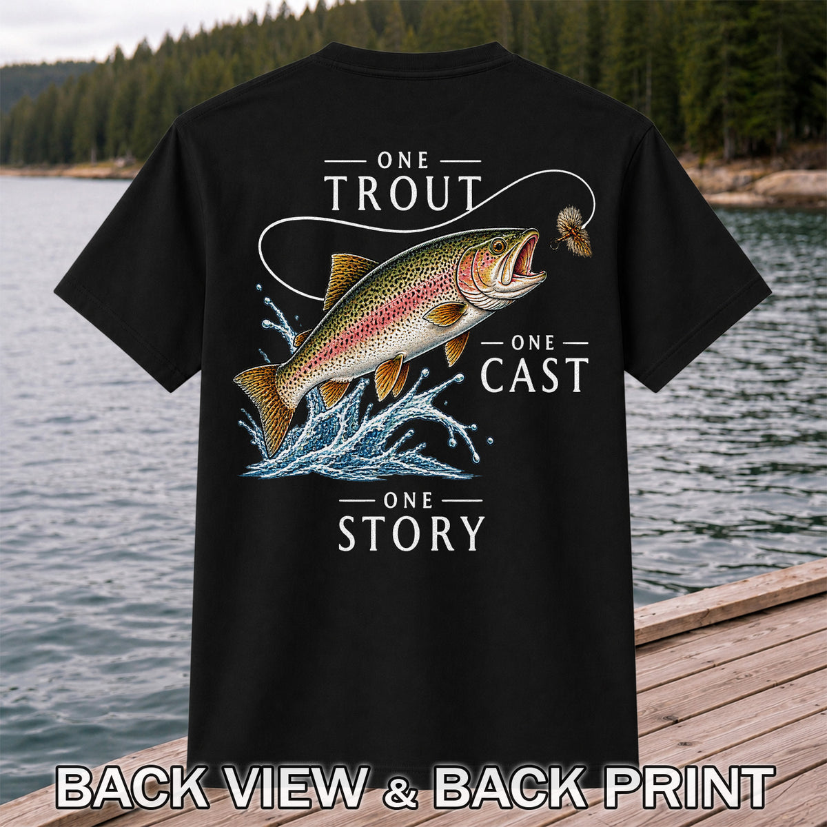 One Trout One Cast One Story Rainbow Trout Fly Fishing T-Shirt | Back Print