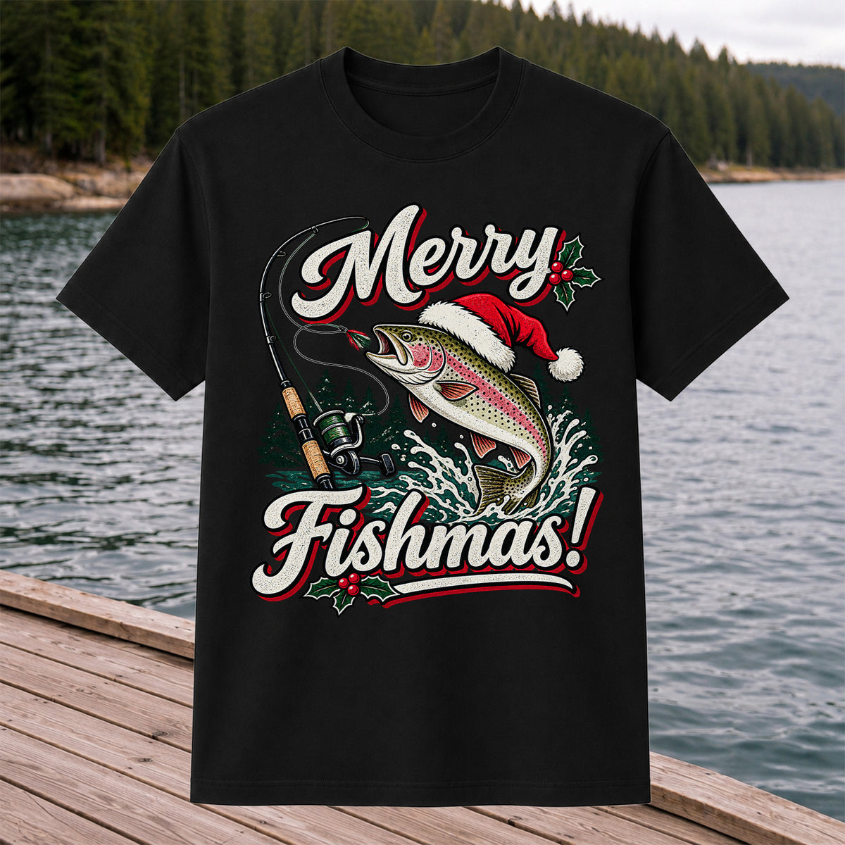 Merry Fishmas Rainbow Trout in Santa Hat Christmas Fishing T-Shirt, Trout Fishing