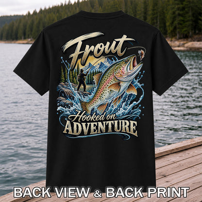 Trout Hooked on Adventure Mountain Fly Fishing T-Shirt | Back Print