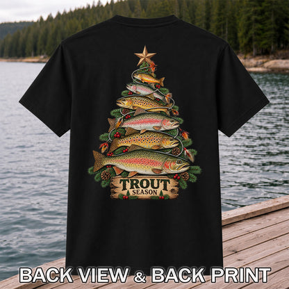 Trout Season Fish Christmas Tree Fishing T-Shirt | Back Print