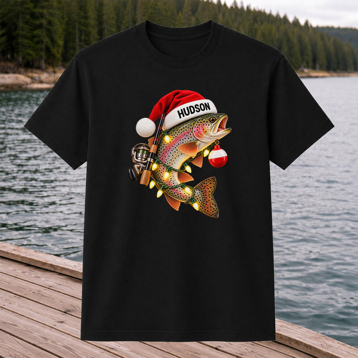 Hudson Santa Hat Rainbow Trout Christmas Fishing T-Shirt