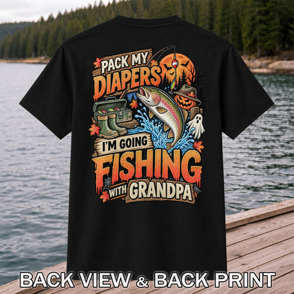 Pack My Diapers I'm Going Fishing With Grandpa Halloween Rainbow Trout T-Shirt | Back Print