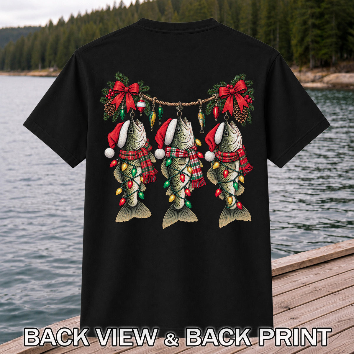 Christmas Fish Ornament Fishing Graphic T-Shirt | Back Print