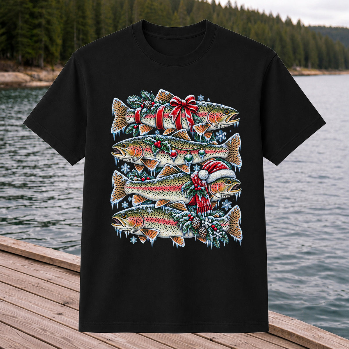 Festive Rainbow Trout Christmas Fishing Graphic T-Shirt