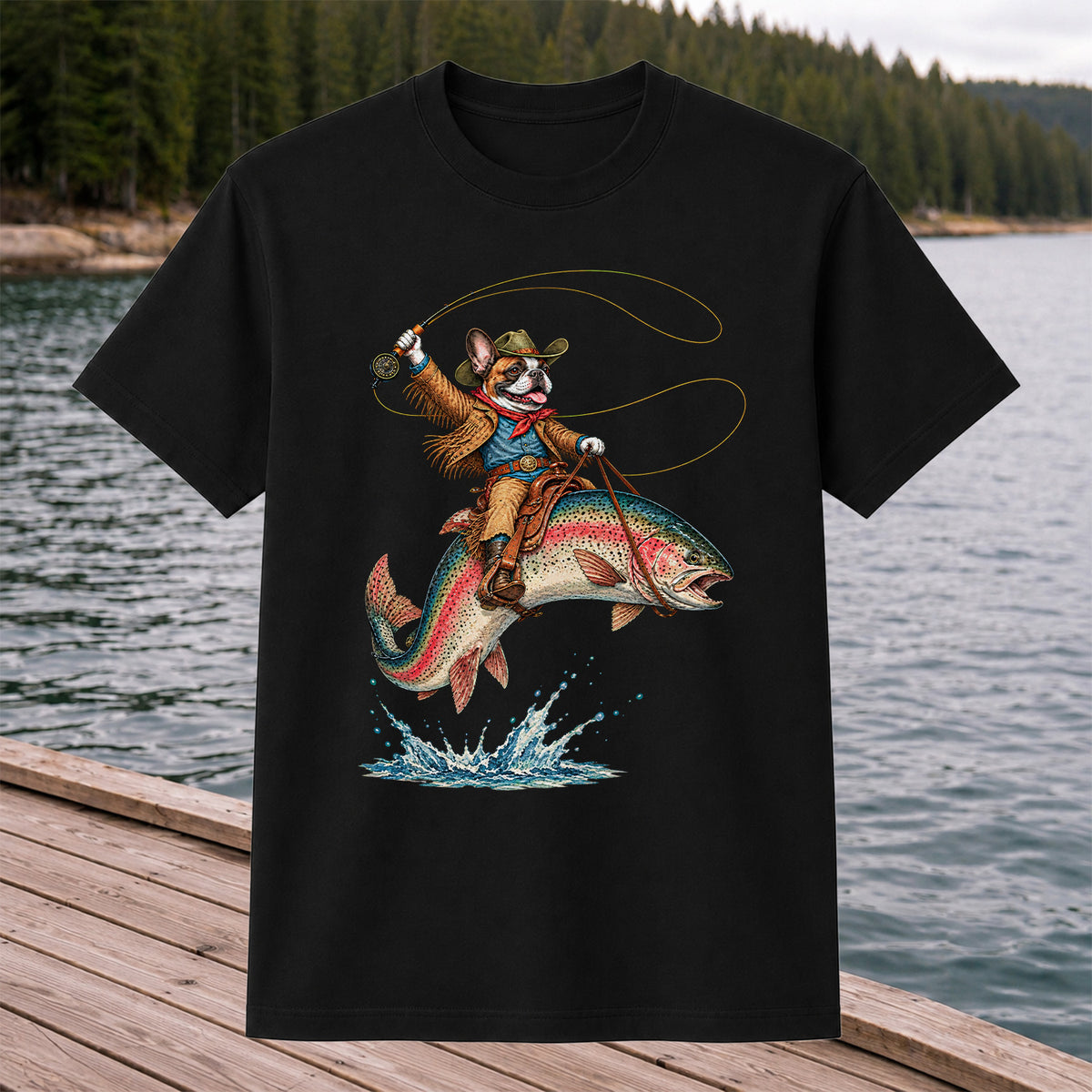 Cowboy French Bulldog Riding a Rainbow Trout Fishing T-Shirt