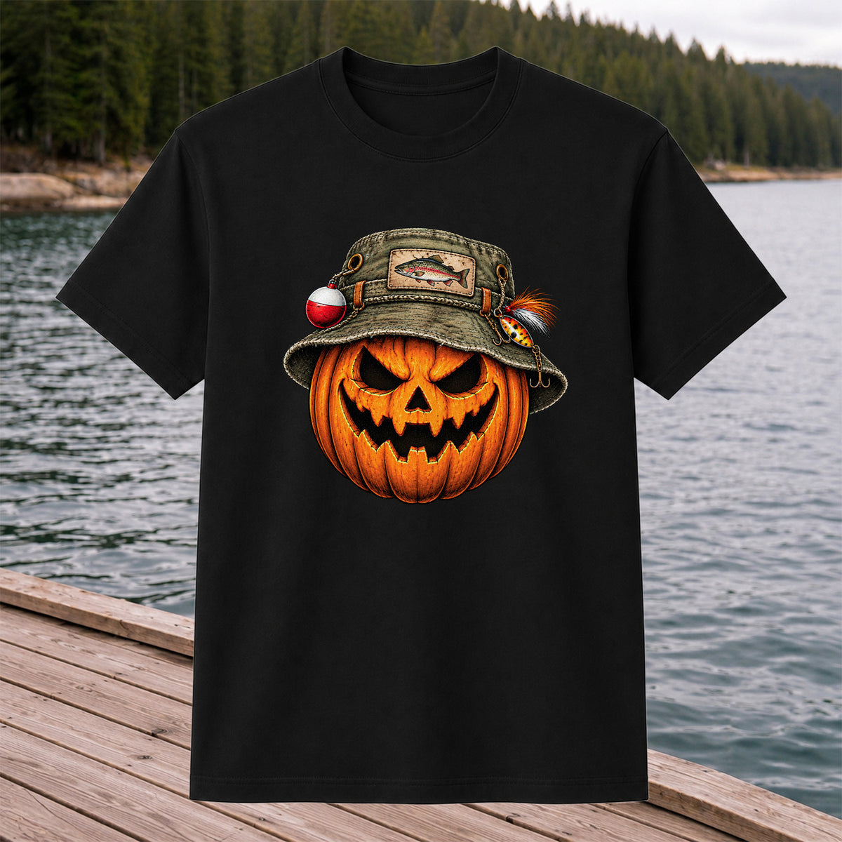 Halloween Pumpkin in a Trout Fishing Hat Graphic T-Shirt