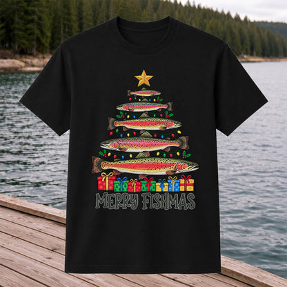 Rainbow Trout Christmas Tree Fishing Graphic T-Shirt