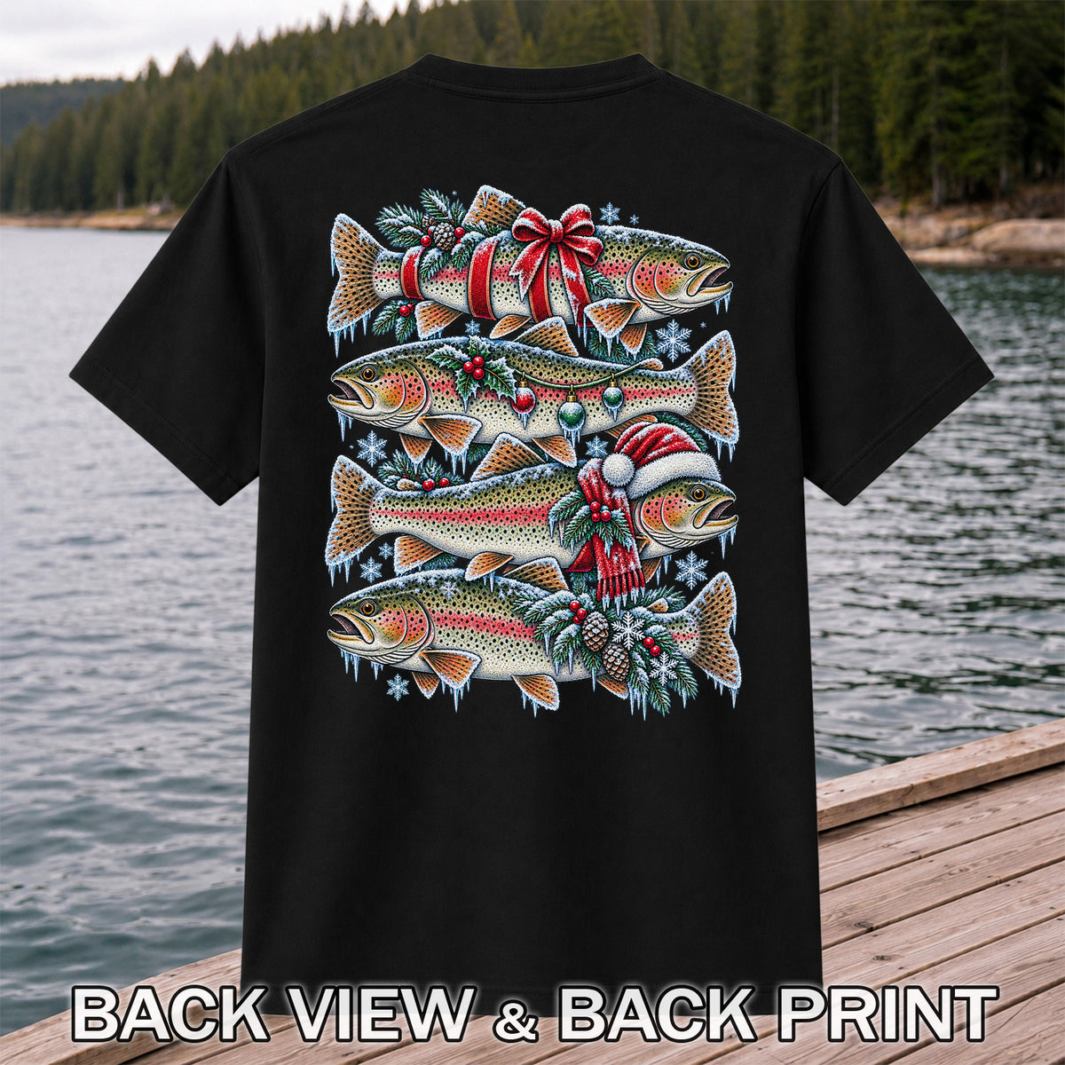 Festive Rainbow Trout Christmas Fishing Graphic T-Shirt | Back Print