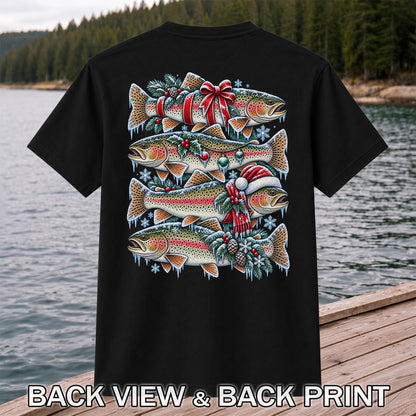 Festive Rainbow Trout Christmas Fishing Graphic T-Shirt | Back Print