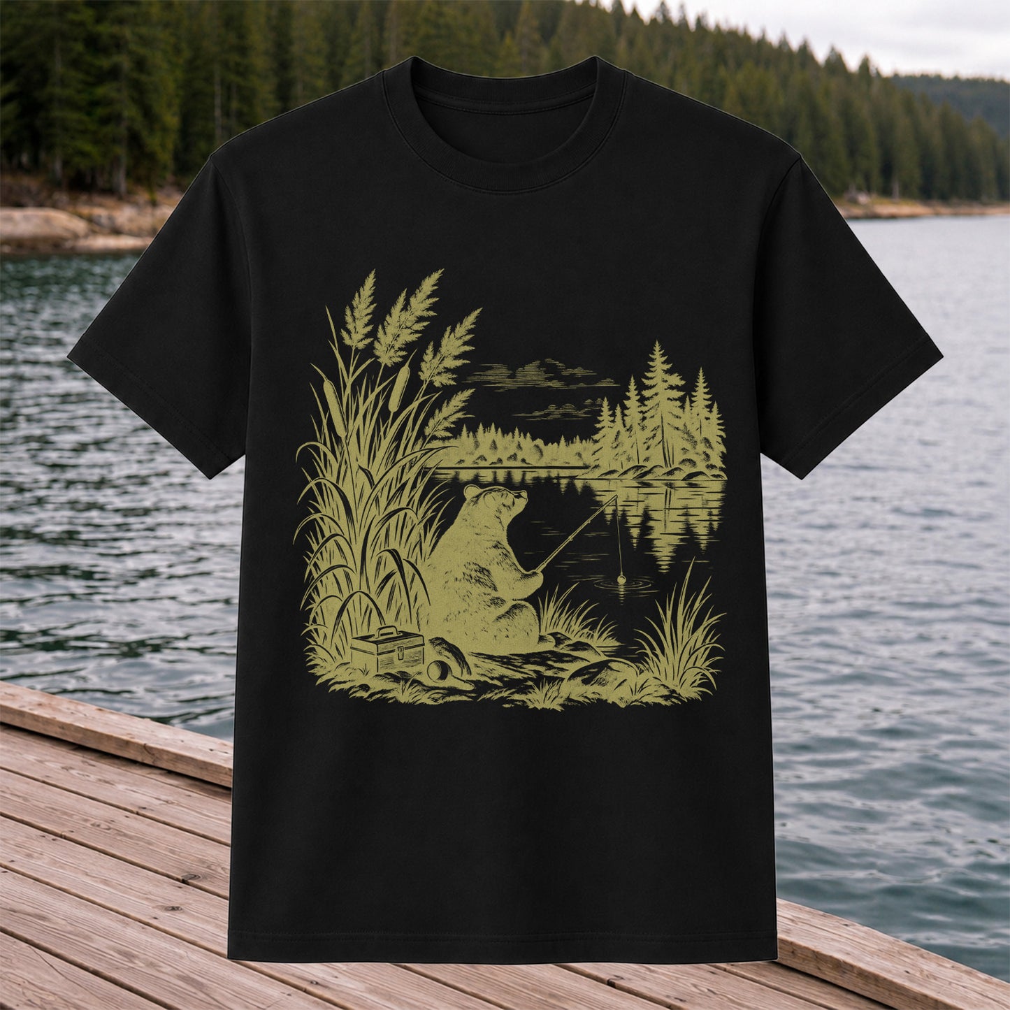 Bear Fishing by the Lake Vintage Outdoor Graphic T-Shirt