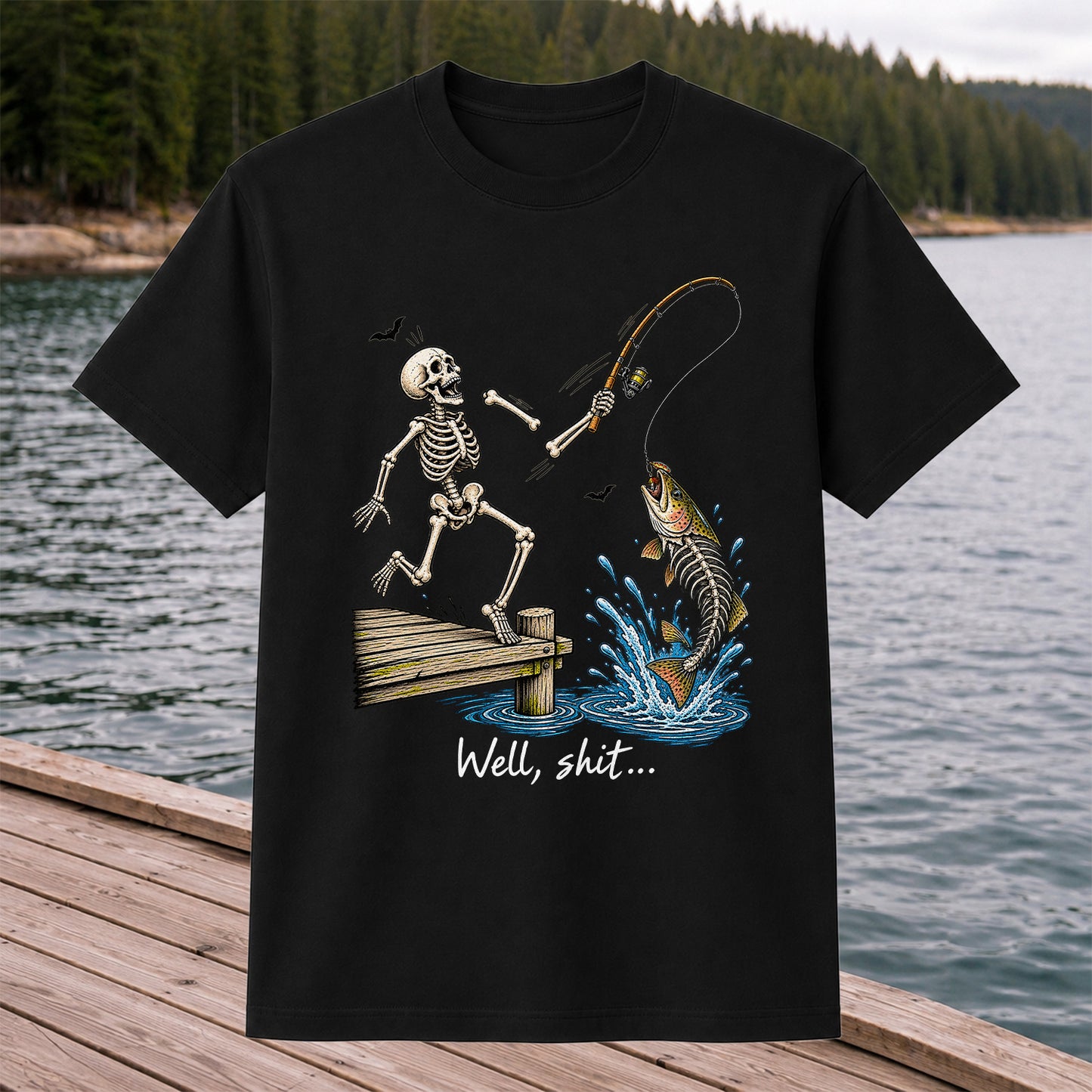 Well, Shit Skeleton Fishing Funny Graphic T-Shirt