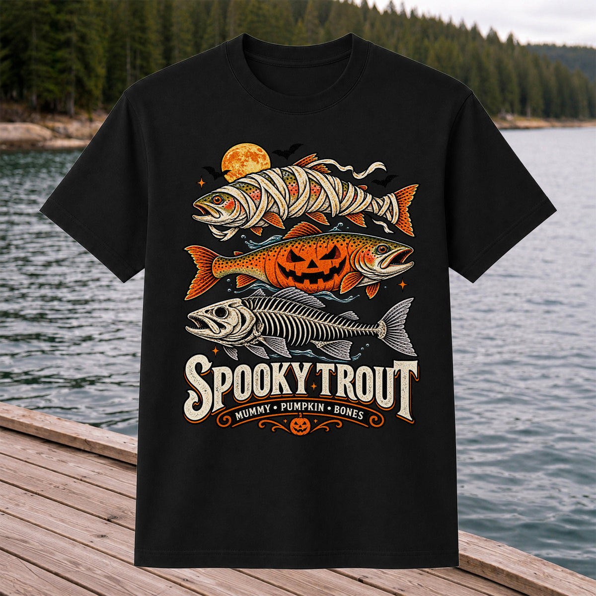 Spooky Trout Mummy Pumpkin Bones Halloween Fishing T-Shirt