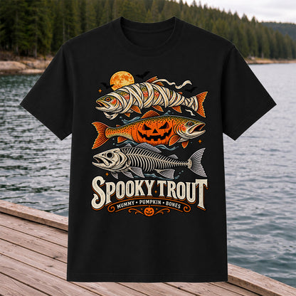 Spooky Trout Mummy Pumpkin Bones Halloween Fishing T-Shirt