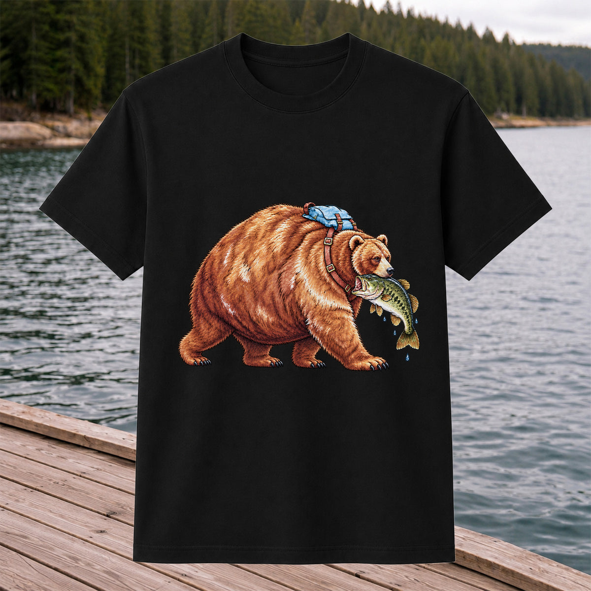 Bear Carrying Bass Fishing Wildlife Graphic T-Shirt