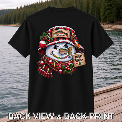 Merry Fishmas Snowman with Rainbow Trout Christmas Fishing T-Shirt | Back Print
