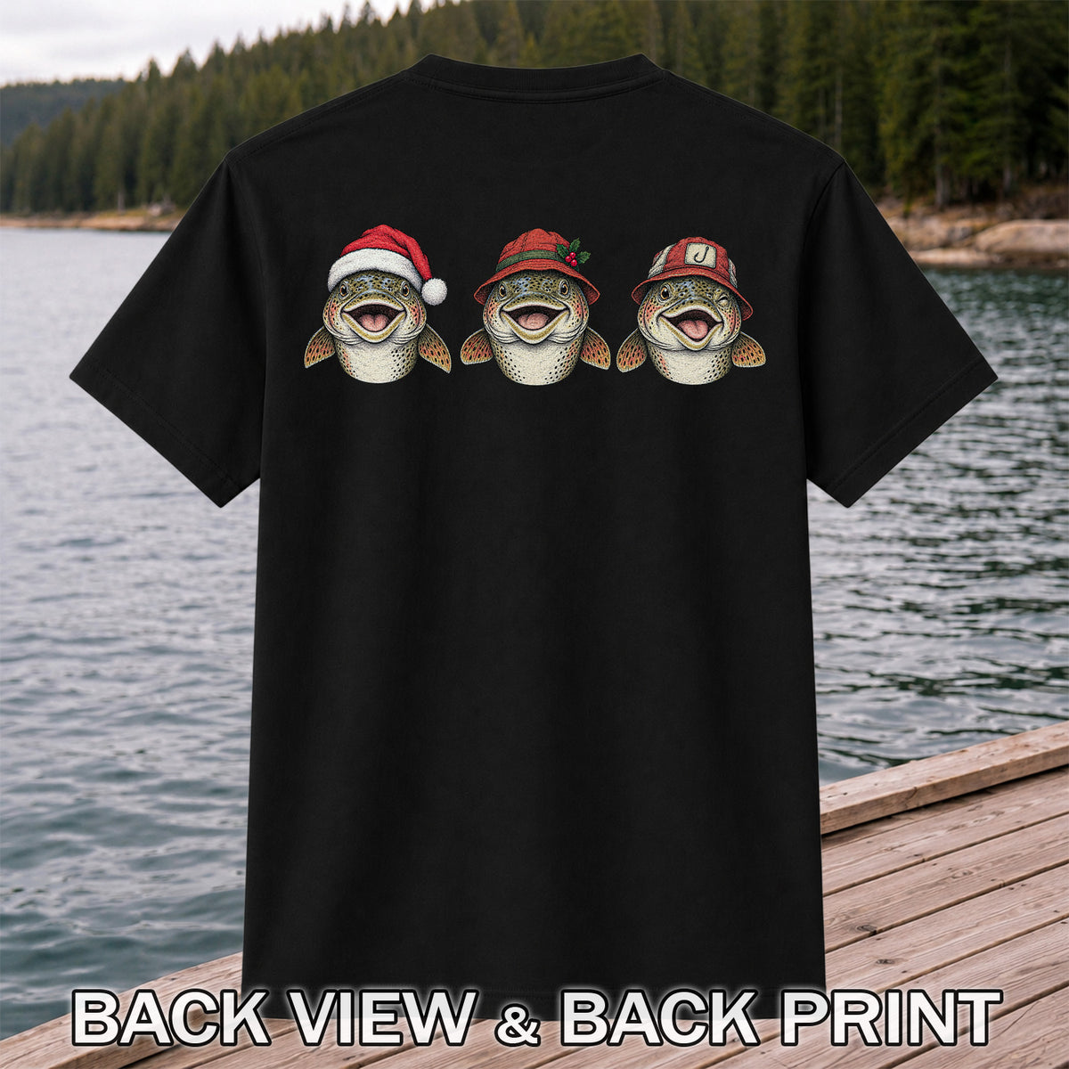 Funny Christmas Trout Trio Fishing Graphic T-Shirt | Back Print