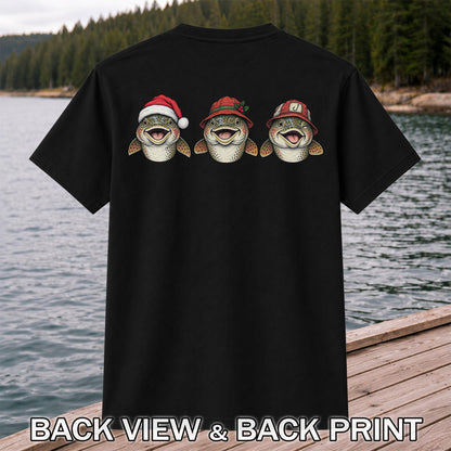Funny Christmas Trout Trio Fishing Graphic T-Shirt | Back Print