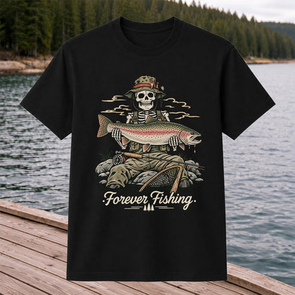Forever Fishing Skeleton Holding Rainbow Trout Graphic T-Shirt