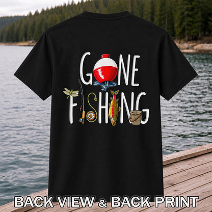 Gone Fishing Trout, Bobber and Fly Rod Graphic T-Shirt | Back Print
