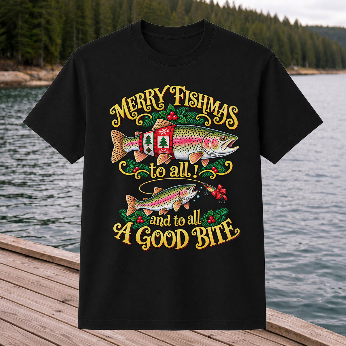 Merry Fishmas to All and to All a Good Bite Rainbow Trout Christmas Fishing T-Shirt