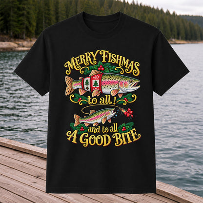 Merry Fishmas to All and to All a Good Bite Rainbow Trout Christmas Fishing T-Shirt