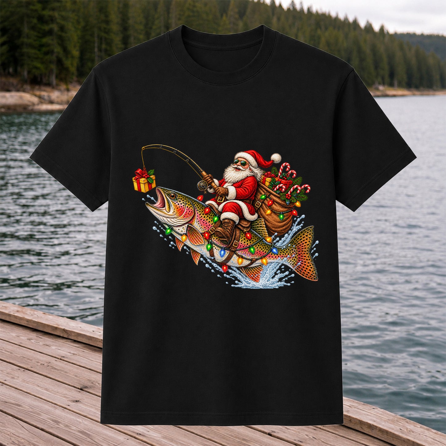 Santa Riding a Rainbow Trout Christmas Fishing Graphic T-Shirt