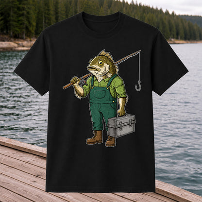 Funny Bass Fisherman Carrying Tackle Box Graphic T-Shirt