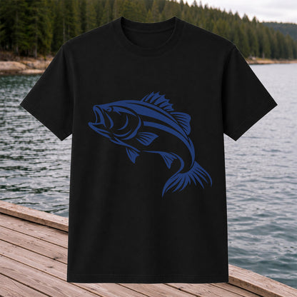 Blue Bass Fishing Line Art Graphic T-Shirt