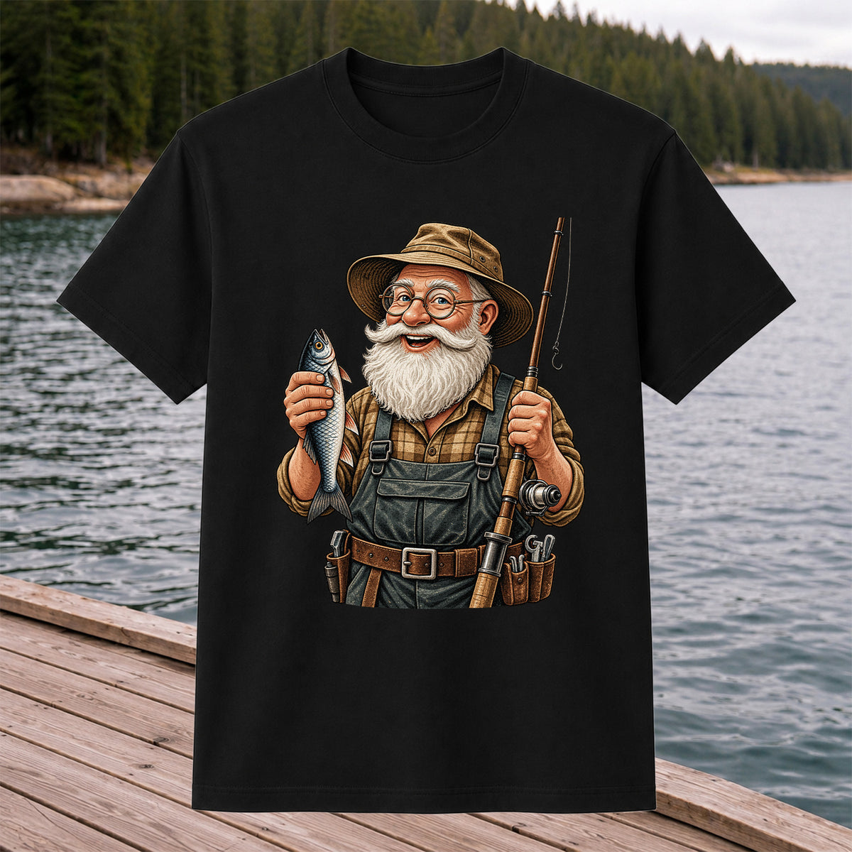 Bearded Angler Holding a Fish and Fishing Rod Graphic T-Shirt