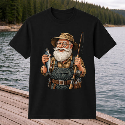 Bearded Angler Holding a Fish and Fishing Rod Graphic T-Shirt