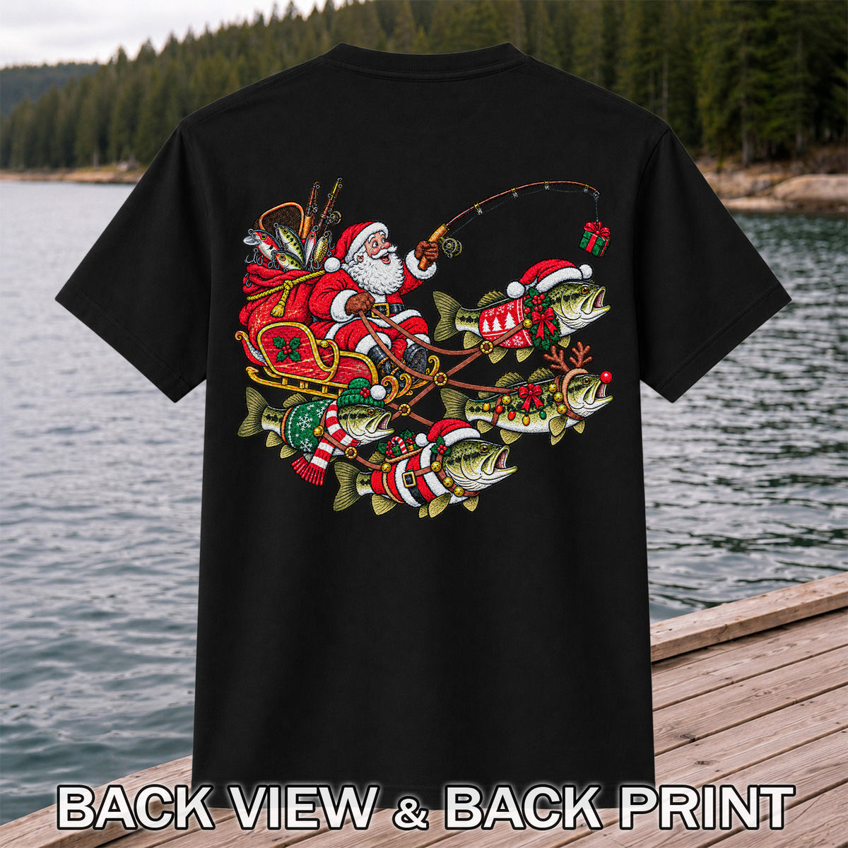 Santa Pulling Festive Bass Fishing Graphic T-Shirt | Back Print