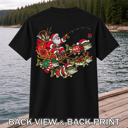 Santa Pulling Festive Bass Fishing Graphic T-Shirt | Back Print