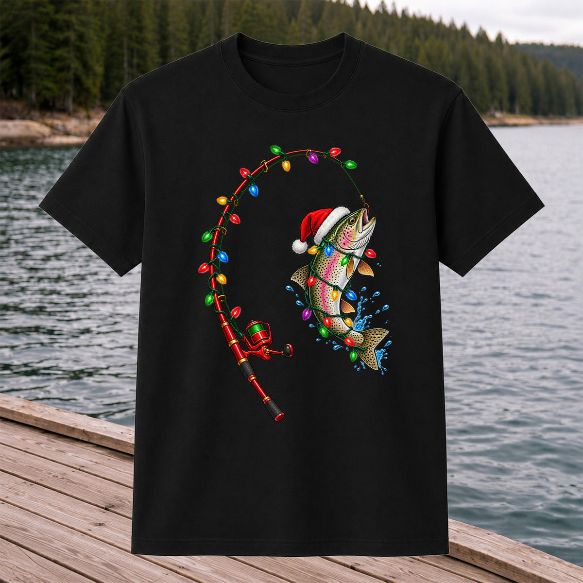 Christmas Rainbow Trout with Santa Hat and Lights Fishing T-Shirt