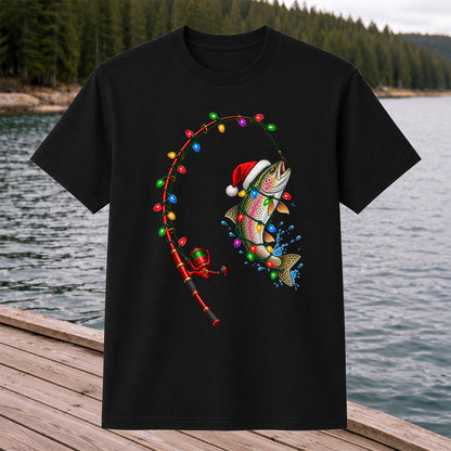 Christmas Rainbow Trout with Santa Hat and Lights Fishing T-Shirt