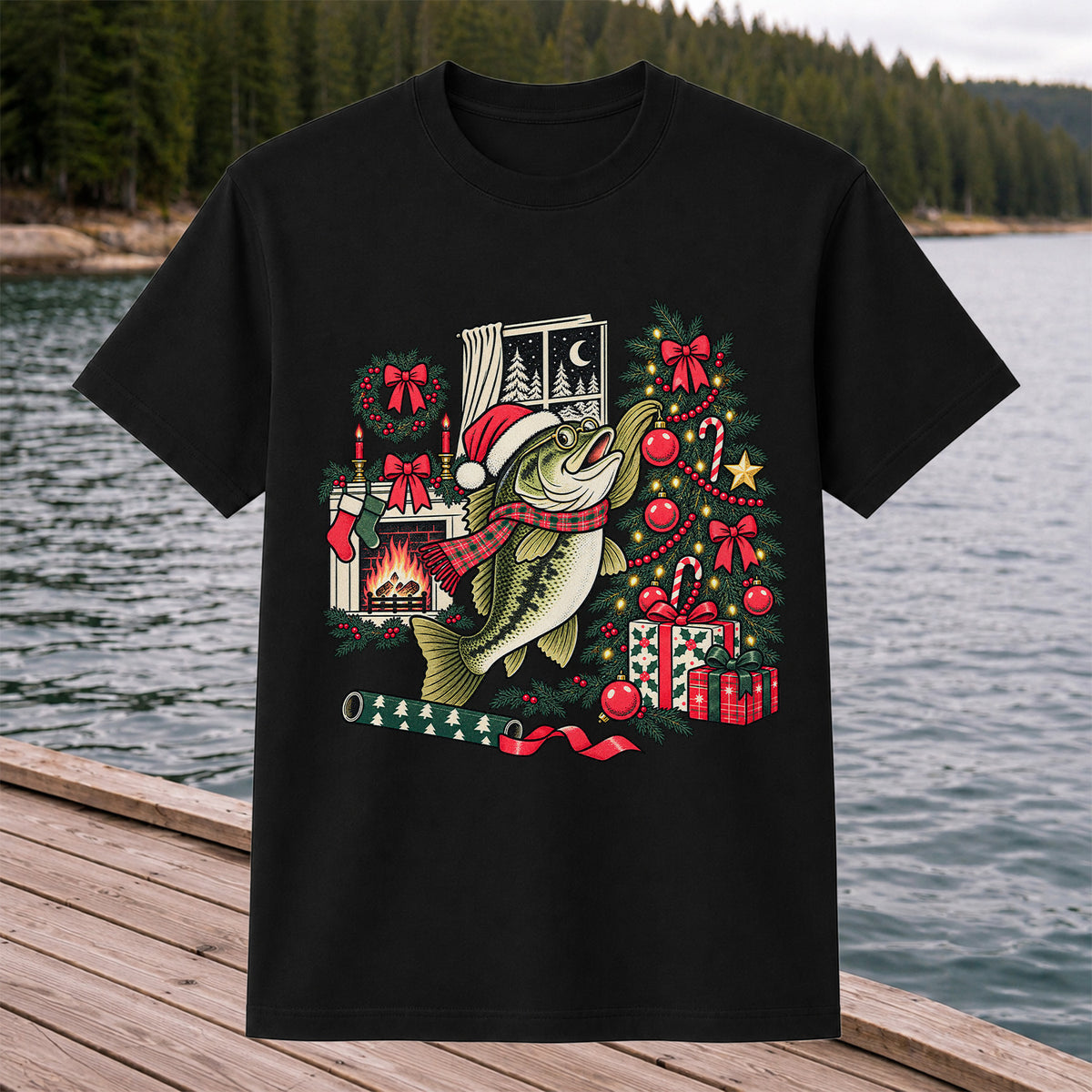 Christmas Bass Fishing Fireplace Tree Graphic T-Shirt